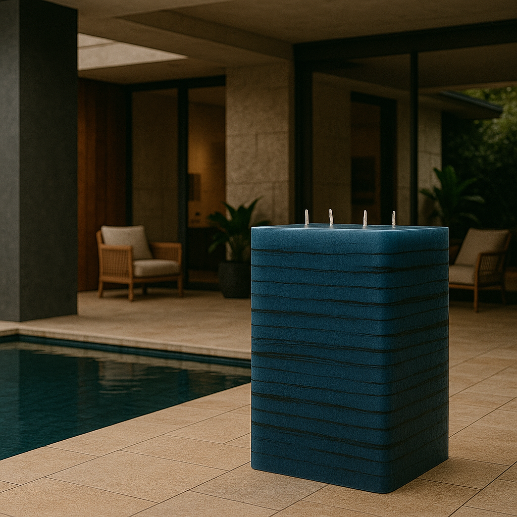 Vela escultural azul de grande escala, posicionada junto a uma piscina num ambiente exterior elegante e contemporâneo.