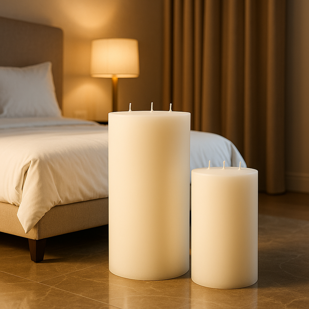 Velas de chão gigantes ATMOS Branco Pétala – cilíndricas, acabamento mate, ideais para quartos e ambientes elegantes.
