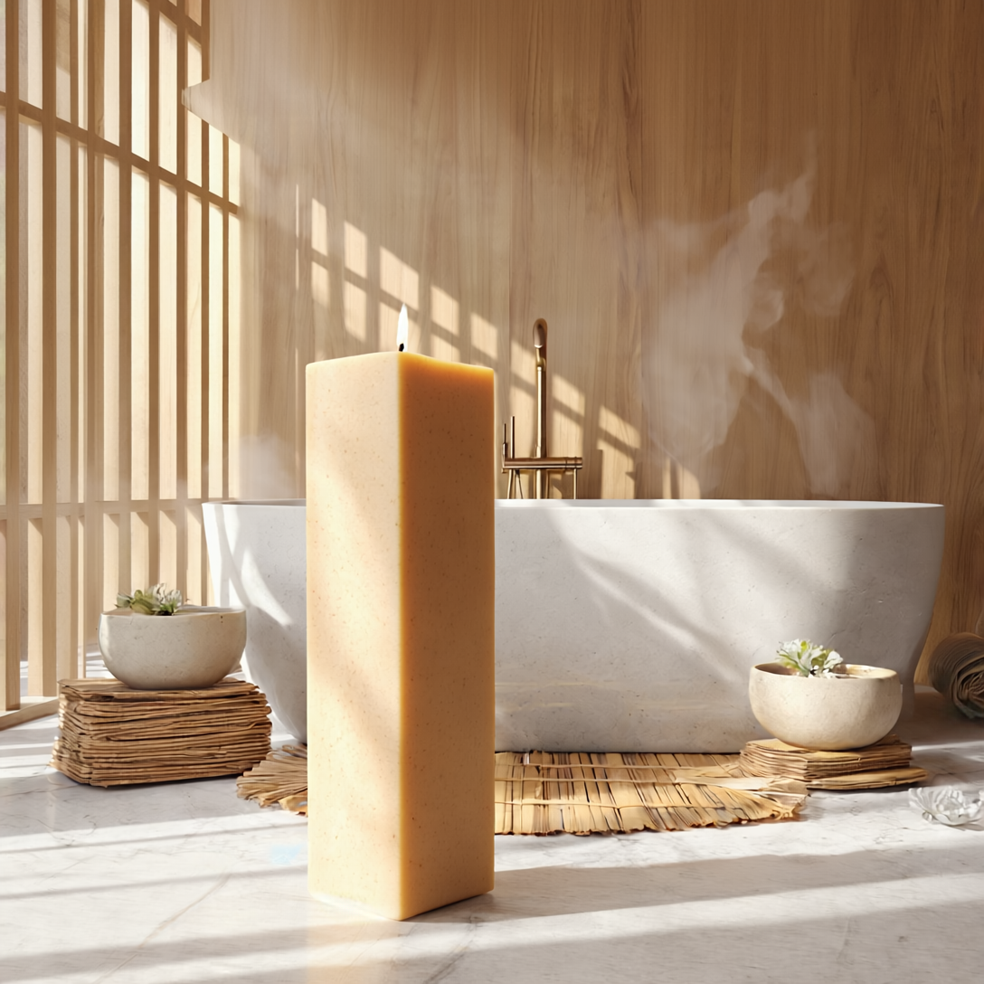 Vela de chão ATMOS Areia Fosca em formato retangular com acabamento mate e tom neutro, posicionada ao lado de uma banheira em ambiente de spa, ideal para interiores serenos.