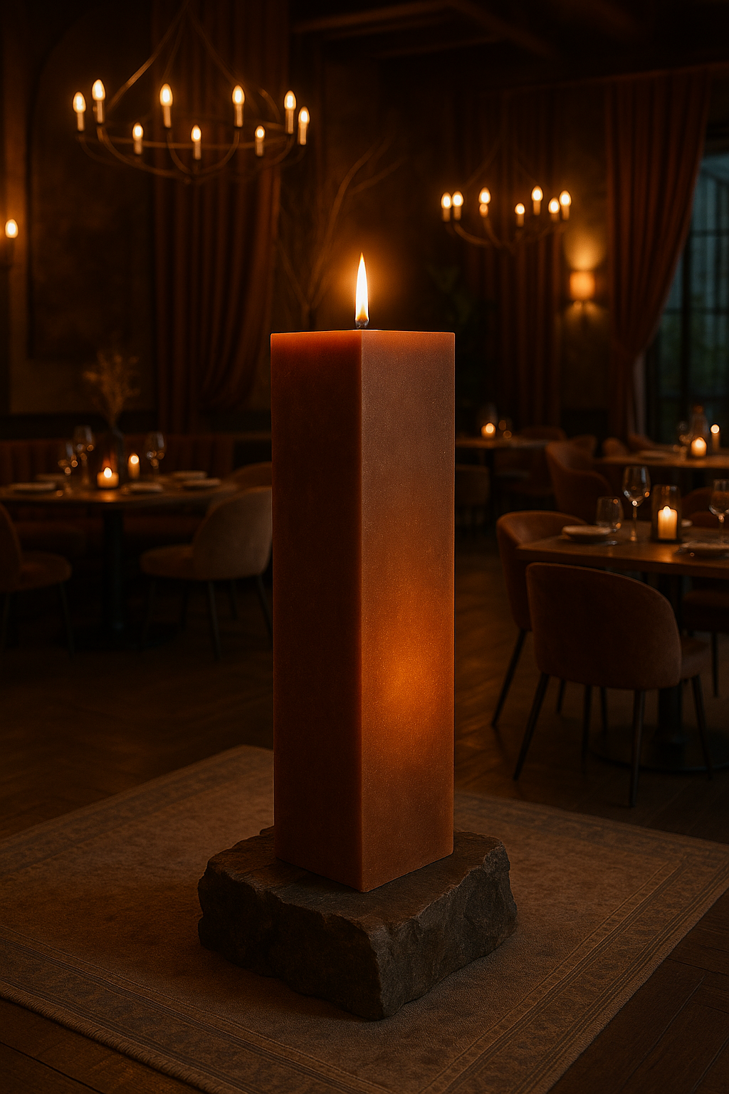 Vela de chão OCASO vinho envelhecido – escultural, forma reta, ideal para restaurantes e espaços elegantes.