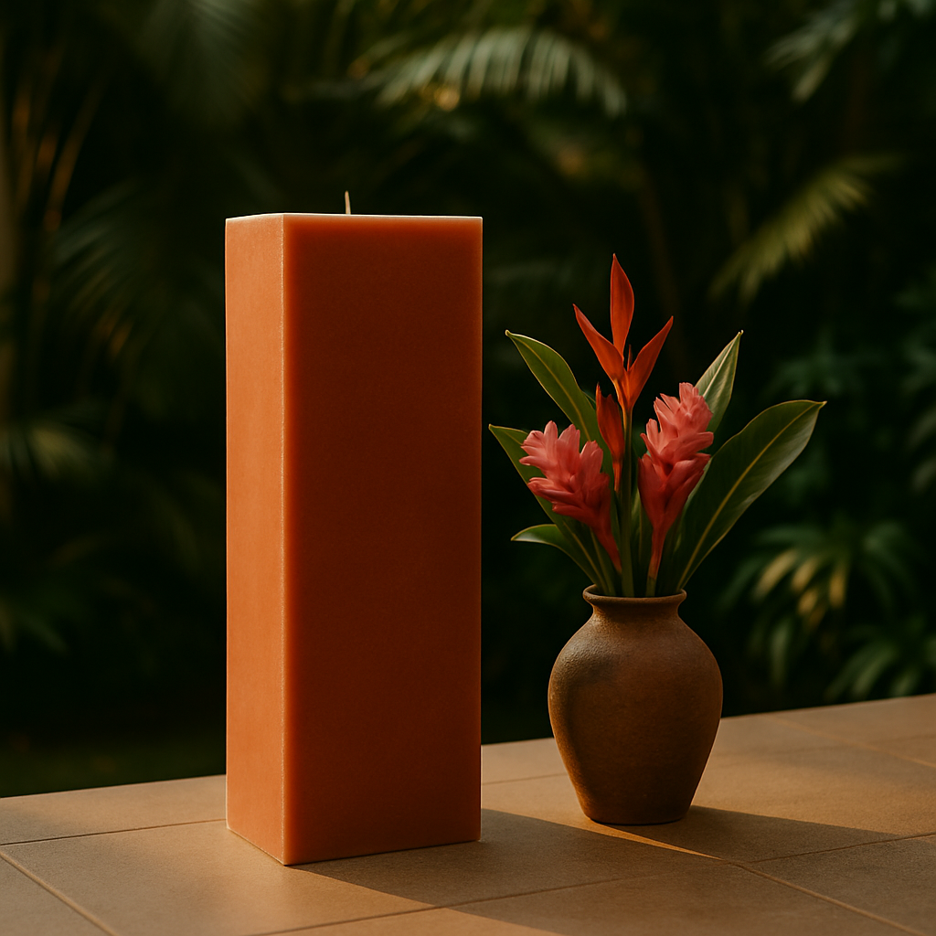 Vela de chão OCASO tom terracota — design escultural com linhas retas, ideal para decorações tropicais ou espaços interiores com elementos naturais.